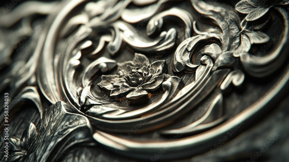 Close-up of Intricate Floral Carving on Metal Surface Close-up of Intricate Floral Carving on Metal Surface