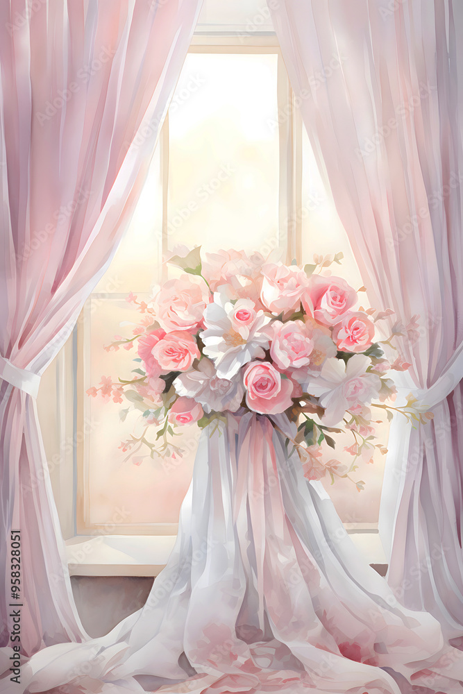 Romantic Portrait Wedding Copy Space Background of Elegant Watercolor Wedding Roses with Sateen, Floral Archway Window or Gate, Soft Pink Curtains, and Delicate Drapes for Valentine's Day or Ceremony Romantic Portrait Wedding Copy Space Background of Elegant Watercolor Wedding Roses with Sateen, Floral Archway Window or Gate, Soft Pink Curtains, and Delicate Drapes for Valentine's Day or Ceremony