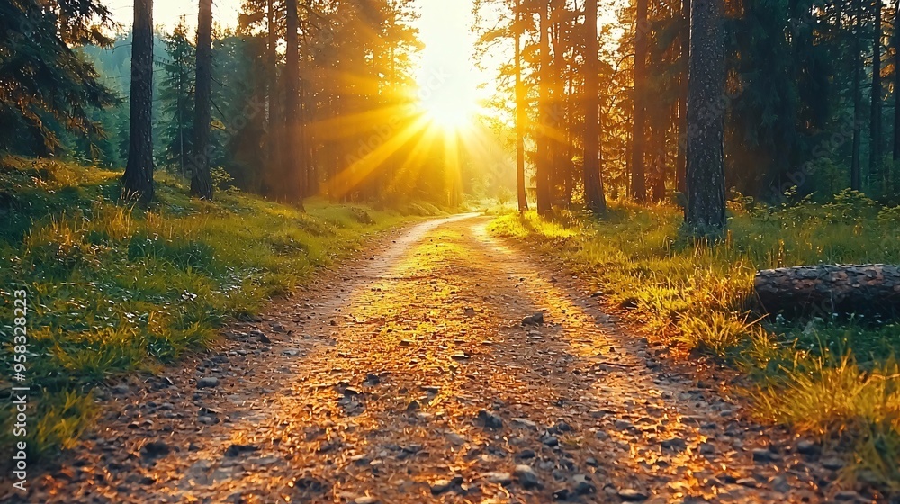 Fototapeta premium Golden Forest Path at Sunset.
