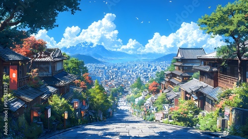 Lively anime depiction of a Japan city, featuring a blue sky and varying weather scenarios, highlighting the architecture and atmosphere without any people.