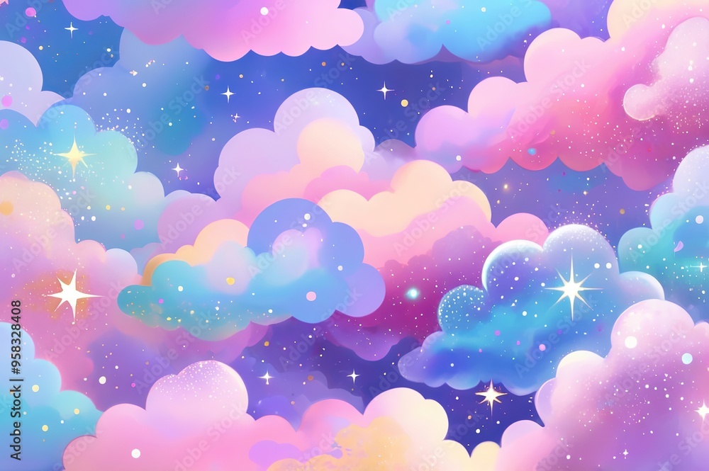 Dreamy pastel-colored background featuring a sprinkle of glittering stars and fluffy, colorful clouds. Made with Generative AI Technology Dreamy pastel-colored background featuring a sprinkle of glittering stars and fluffy, colorful clouds. Made with Generative AI Technology