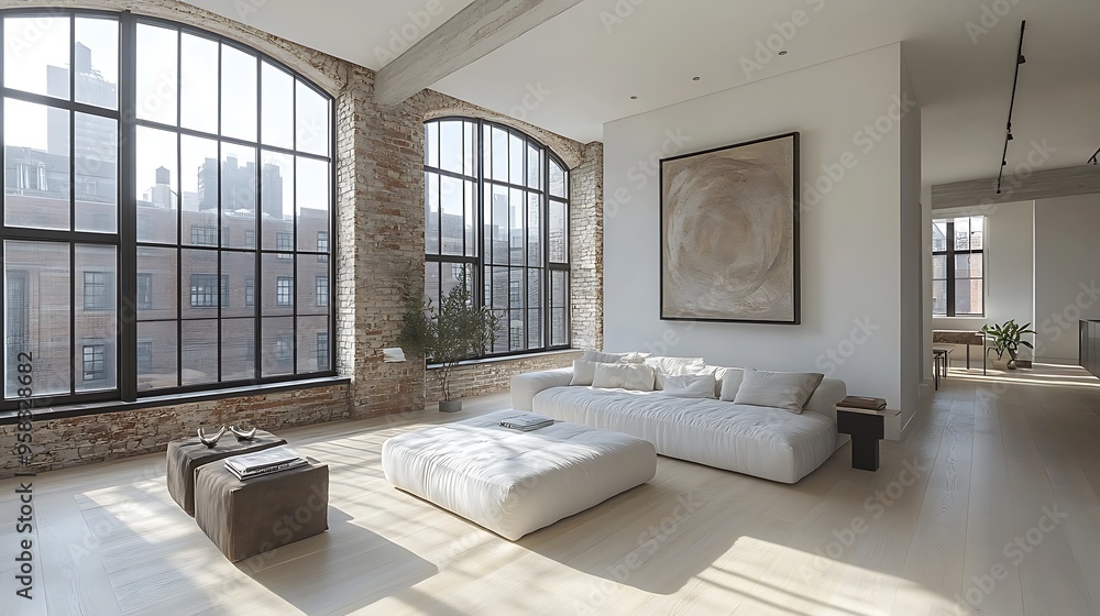 A sleek, minimalist loft living room with clean lines, featuring monochromatic decor in shades of white and gray, a low-profile sofa, and a single statement art piece on the wall, A sleek, minimalist loft living room with clean lines, featuring monochromatic decor in shades of white and gray, a low-profile sofa, and a single statement art piece on the wall,