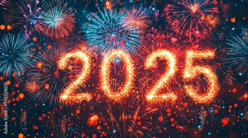 A vivid display of fireworks in various colors and shapes, surrounding a glowing '2025', marking the celebration of the New Year with vibrancy, excitement, and festive energy. photo