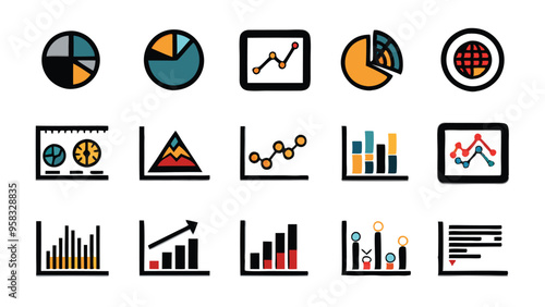 Illustration of various business growth diagrams and charts for monitoring data analysis.