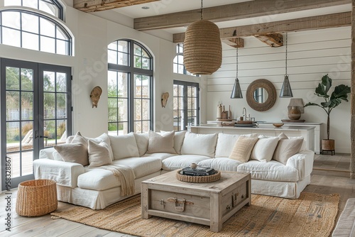 Modern Farmhouse Living Room A living room with a mix of modern and farmhouse elements, including a white sofa, wooden coffee table, and shiplap walls
