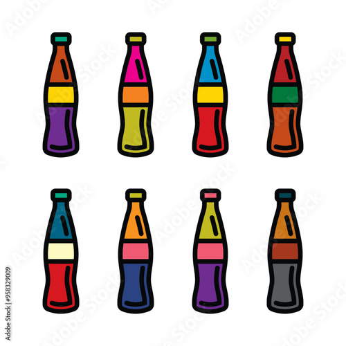 Original vector icon set in vintage style. Carbonated water in a glass bottle.