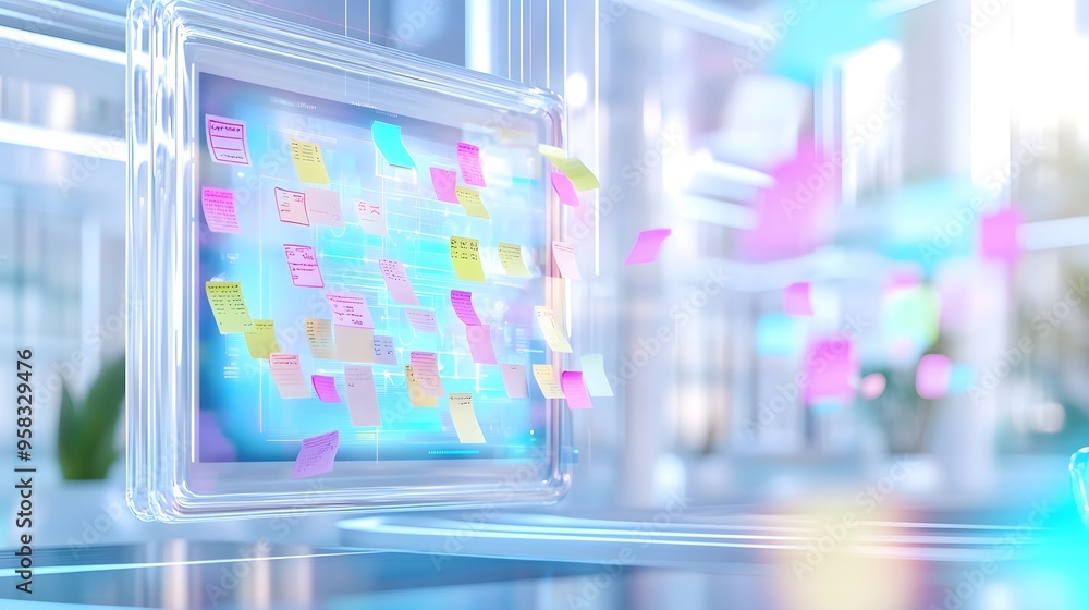 Fototapeta premium Colorful Sticky Notes on Glass Screen - Futuristic Design