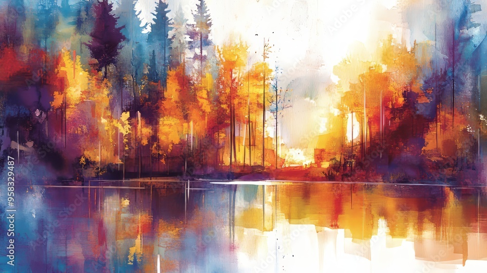Obraz premium A watercolor painting of an autumn sunset over a small pond