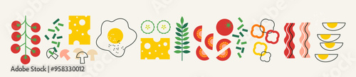 Decorative abstract flat vector illustration with green veggies, cheese and egg. Appetising vegetables collection. Greens icon set. Wide background for poster, cover design. Healthy food concept