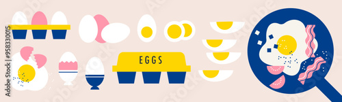 Chicken eggs abstract flat vector illustration set. Egg menu. Egg package. Fresh eggs in paper box. Perfect background for menu, poster, cover. Minimal simple design