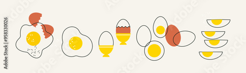 Chicken eggs doodle vector illustration set. Egg menu. Fresh brown egg. Fried egg. Boiled chicken egg in cup, cooked and cut into pieces. Eggs set. Perfect background for cafe, menu, poster, cover