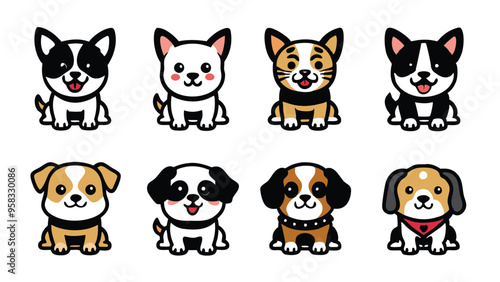 Generate a set of eight cute cartoon puppy dogs in various poses, colors, and breeds.