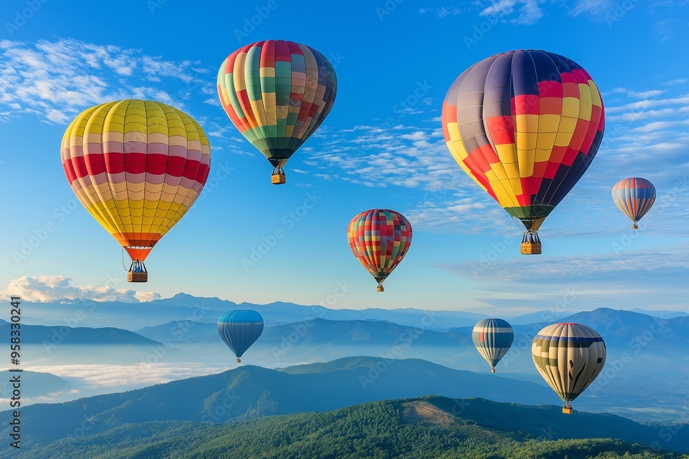 Fototapeta premium Colorful balloons floating in the sky over beautiful landscapes symbolizing freedom and adventure