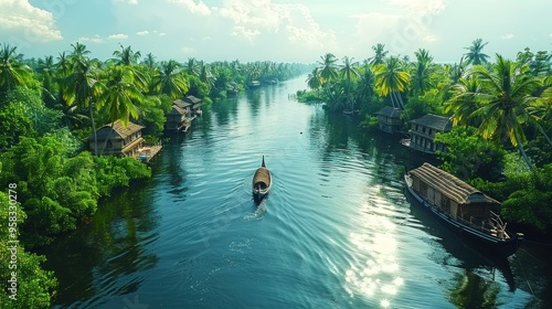 A boat is traveling down a river with palm trees in the background