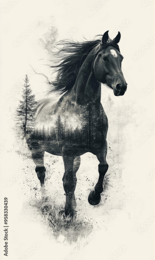 A powerful black horse runs, its silhouette artistically blended with a forest scene, creating a dynamic and surreal composition. A powerful black horse runs, its silhouette artistically blended with a forest scene, creating a dynamic and surreal composition.