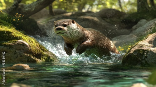 Otter Leaping Out of a Forest Stream