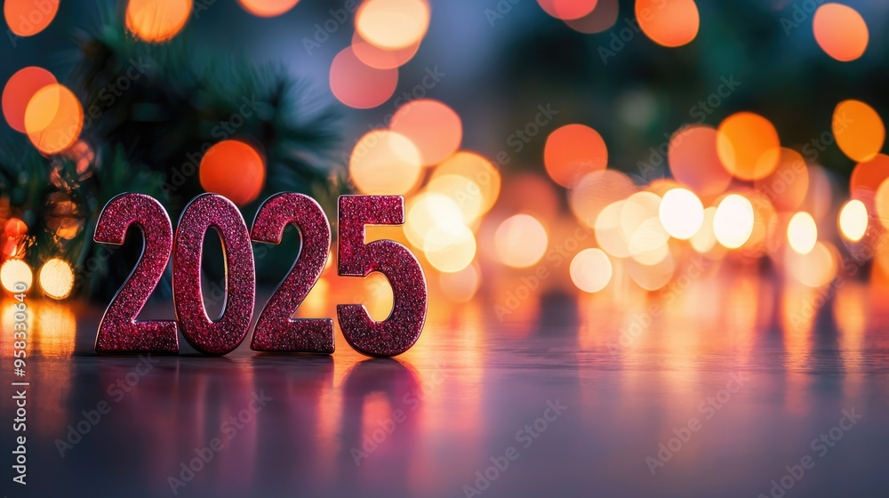 Red 2025 Numbers Glowing on Dark Bokeh Holiday Background Red 2025 Numbers Glowing on Dark Bokeh Holiday Background