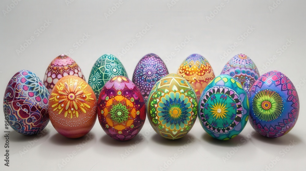 set of Easter eggs with intricate mandala designs, showcasing the beauty of symmetrical patterns and vibrant colors. set of Easter eggs with intricate mandala designs, showcasing the beauty of symmetrical patterns and vibrant colors.