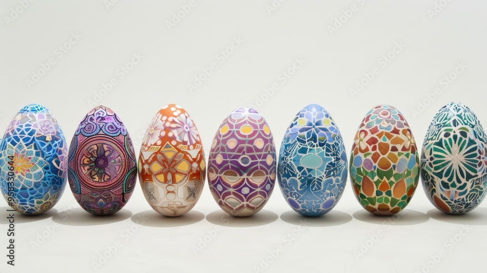 set of Easter eggs with intricate mandala designs, showcasing the beauty of symmetrical patterns and vibrant colors. set of Easter eggs with intricate mandala designs, showcasing the beauty of symmetrical patterns and vibrant colors.