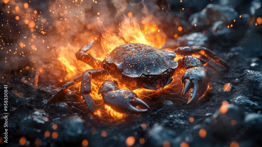 A crab that is on fire in the sand A crab that is on fire in the sand