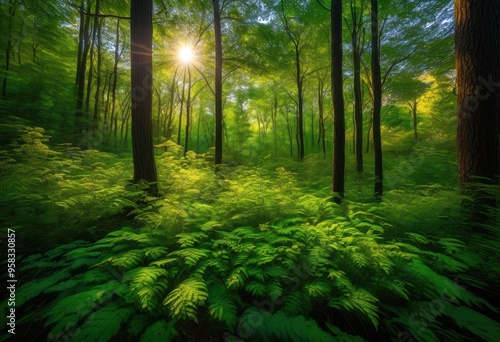 vibrant forest canopy bathed sunlight showcasing lush greenery natural beauty, trees, leaves, nature, illumination, foliage, wilderness, rays, landscape