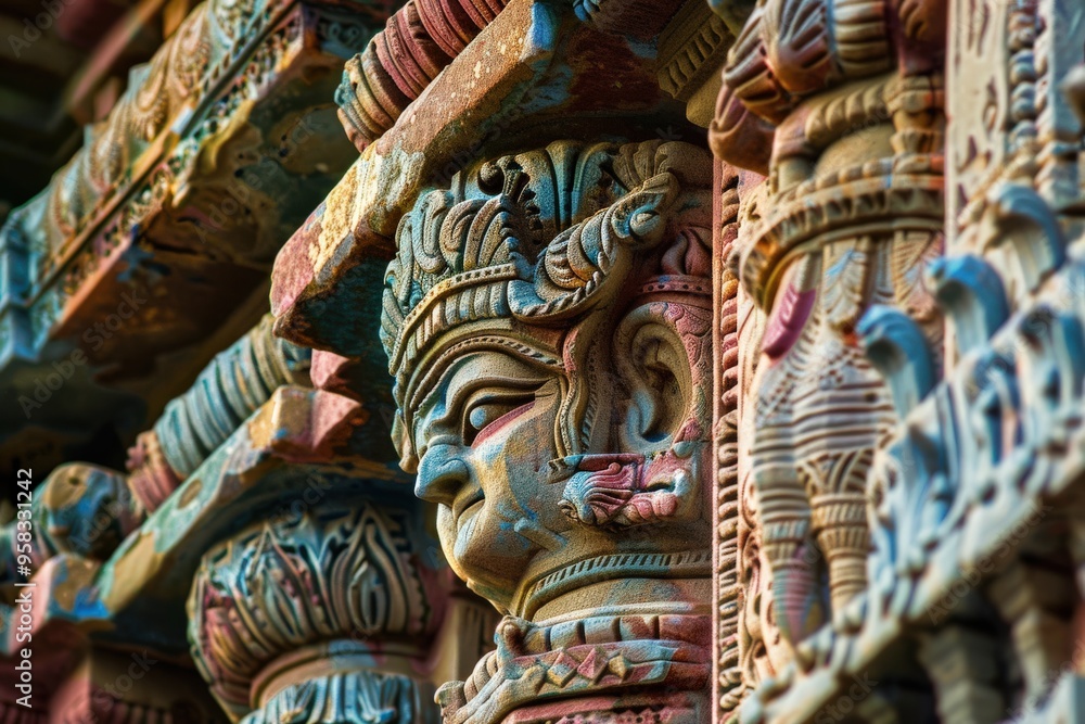 Hindu Temple Meenakshi. Ancient Architecture with Colorful Bas-reliefs and Columns Hindu Temple Meenakshi. Ancient Architecture with Colorful Bas-reliefs and Columns