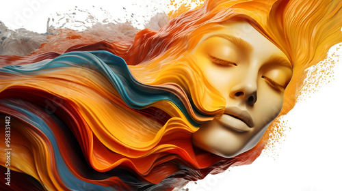 Colorful oil paint flow on woman face isolated on transparent background

