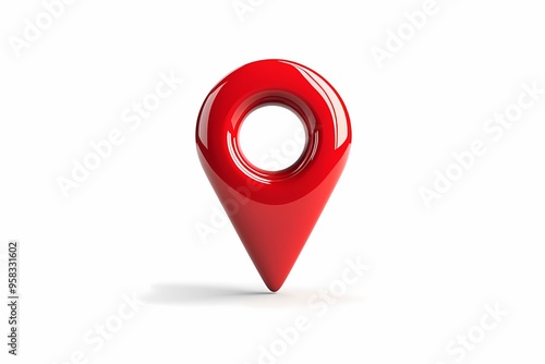 A sleek 3D illustration of a red map location pin icon with a hollow center, symbolizing navigation, GPS, and geolocation. photo