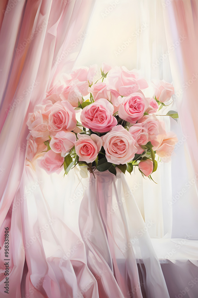 Romantic Portrait Wedding Copy Space Background of Elegant Watercolor Wedding Roses with Sateen, Floral Archway Window or Gate, Soft Pink Curtains, and Delicate Drapes for Valentine's Day or Ceremony Romantic Portrait Wedding Copy Space Background of Elegant Watercolor Wedding Roses with Sateen, Floral Archway Window or Gate, Soft Pink Curtains, and Delicate Drapes for Valentine's Day or Ceremony
