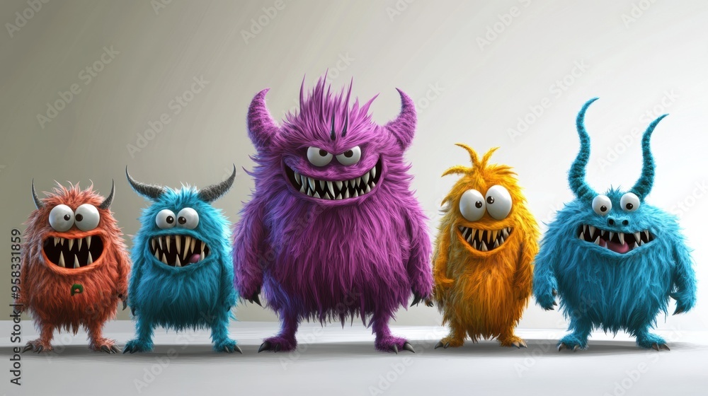 A group of monsters standing next to each other A group of monsters standing next to each other