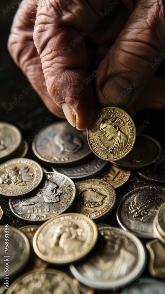 Fototapeta premium An elderly man holds a gold coin over various US coins. The wrinkled hand against the dark background brings nostalgia.