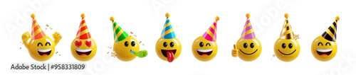 Set of smileys with party hat, isolated on white.
