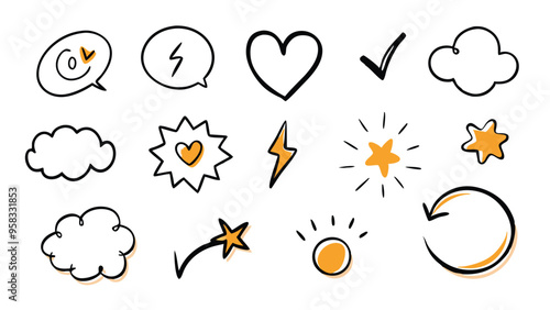 Hand-drawn doodle set of arrows, stars, hearts, and clouds.