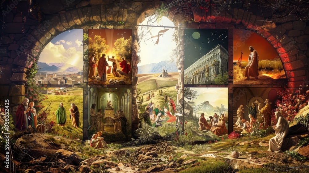 Imagine an Easter background with the story of the resurrection illustrated in a series of panels, telling the miraculous event. Imagine an Easter background with the story of the resurrection illustrated in a series of panels, telling the miraculous event.