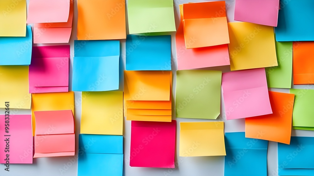 Colorful Sticky Notes on Whiteboard - Office Supplies, Background Colorful Sticky Notes on Whiteboard - Office Supplies, Background