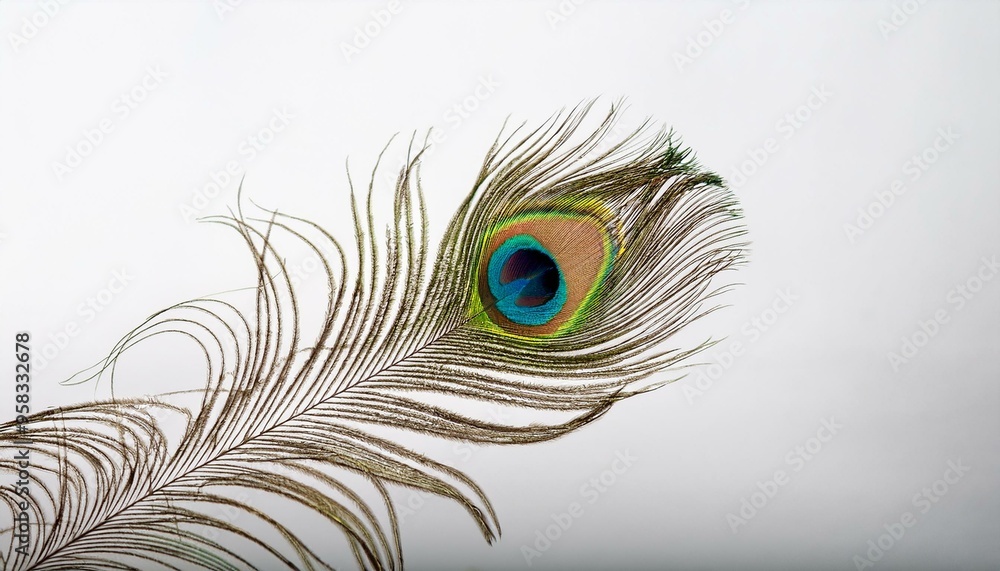 Obraz premium A peacock feather floats slowly on the withe background.