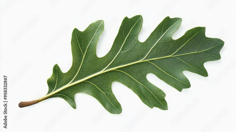 Fototapeta premium A single oak leaf with its characteristic lobed shape and deep green color