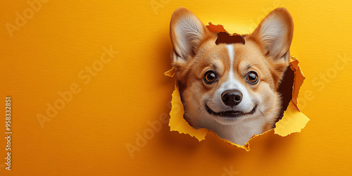 Funny dog tears and crawls out of a yellow  paper background., Generative AI.