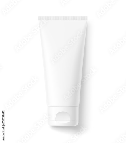 Blank plastic tube mockup for cosmetics with cap. Front view. Vector illustration isolated on white background. Can be use for your design, advertising, promo and etc. EPS10.