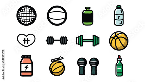 Hand-drawn sketch icons for gym and fitness, including dumbbell, basketball, heart, water bottle, and protein shake.