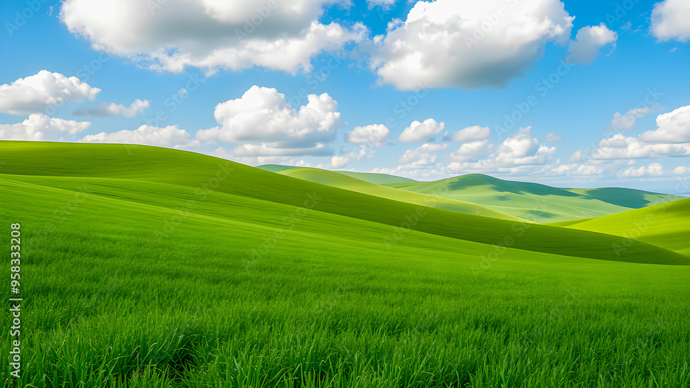 Picturesque winding hills over green grass fields in morning at dawn against blue sky with clouds. Natural panoramic spring summer. Inspirational happy nature background, good mood, zen. Generative AI Picturesque winding hills over green grass fields in morning at dawn against blue sky with clouds. Natural panoramic spring summer. Inspirational happy nature background, good mood, zen. Generative AI