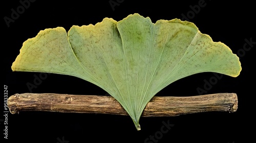 A ginkgo leaf with its unique fan shape and bright yellow color photo