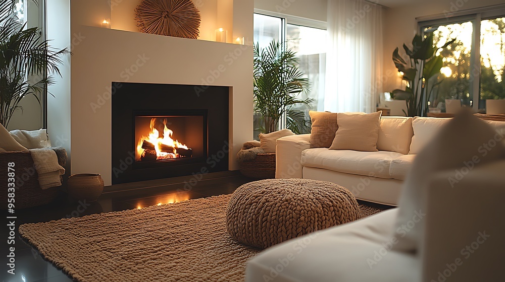A warm and inviting loft living room with a fireplace as the focal point, surrounded by comfortable furniture, soft textiles in warm shades, A warm and inviting loft living room with a fireplace as the focal point, surrounded by comfortable furniture, soft textiles in warm shades,
