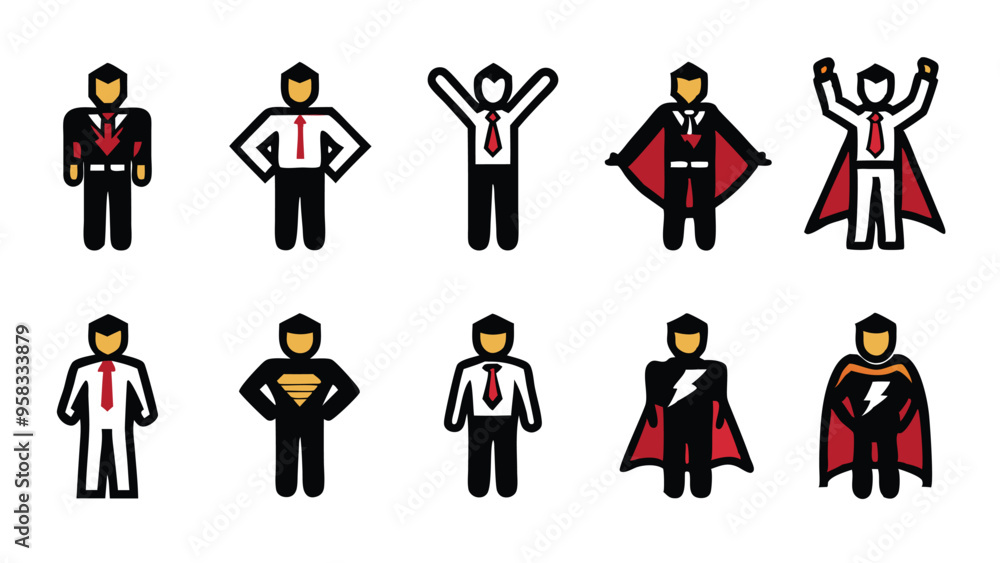 Set of line icons representing a businessman as a superhero. Set of line icons representing a businessman as a superhero.