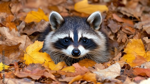 A close-up of a raccoon's face with autumn leaves around photo