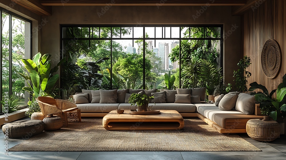 An urban jungle loft living room with a mix of tropical plants, natural wooden furniture, and large windows overlooking the city, An urban jungle loft living room with a mix of tropical plants, natural wooden furniture, and large windows overlooking the city,