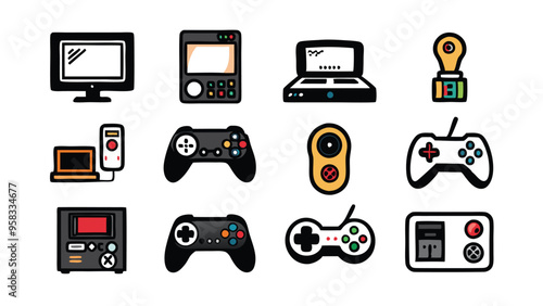 Hand drawn doodle set of video game consoles and controllers.