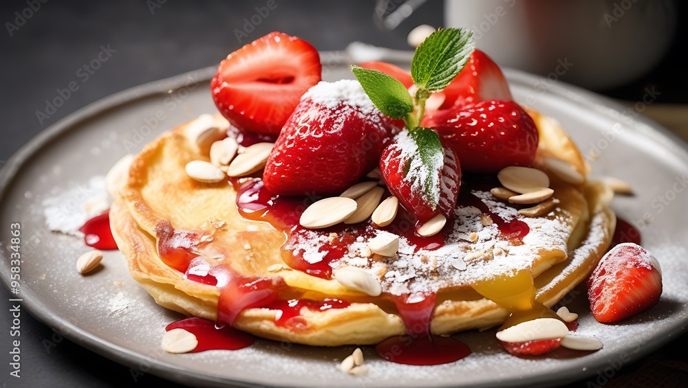 Fresh delicious dutch baby pancake with powdered sugar, fresh berries and mint for breakfast Fresh delicious dutch baby pancake with powdered sugar, fresh berries and mint for breakfast
