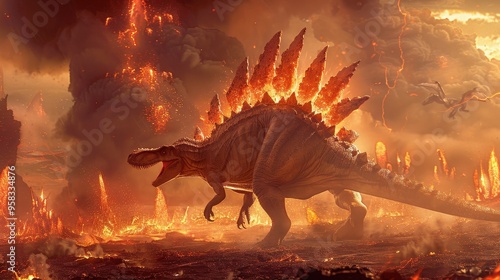 Fototapeta Naklejka Na Ścianę i Meble -  In a dramatic volcanic landscape, dinosaurs such as the formidable Spinosaurus hunt amidst the smoke and ash.