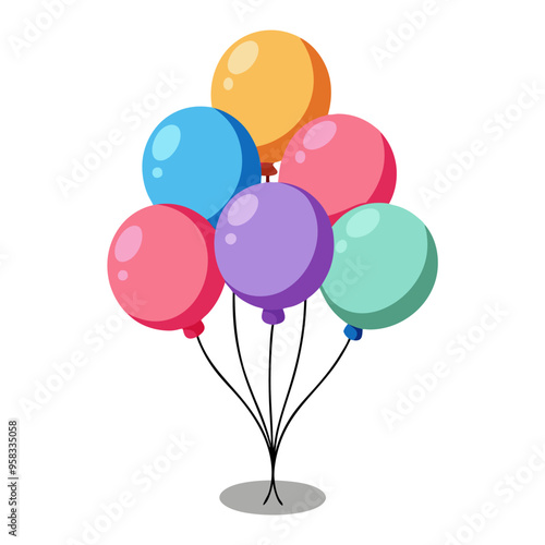 Colorful balloons hanging from a string on a white background